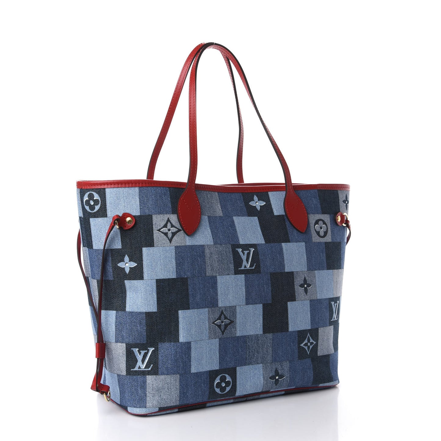 Denim Damier Monogram Patchwork Neverfull Blue Rouge