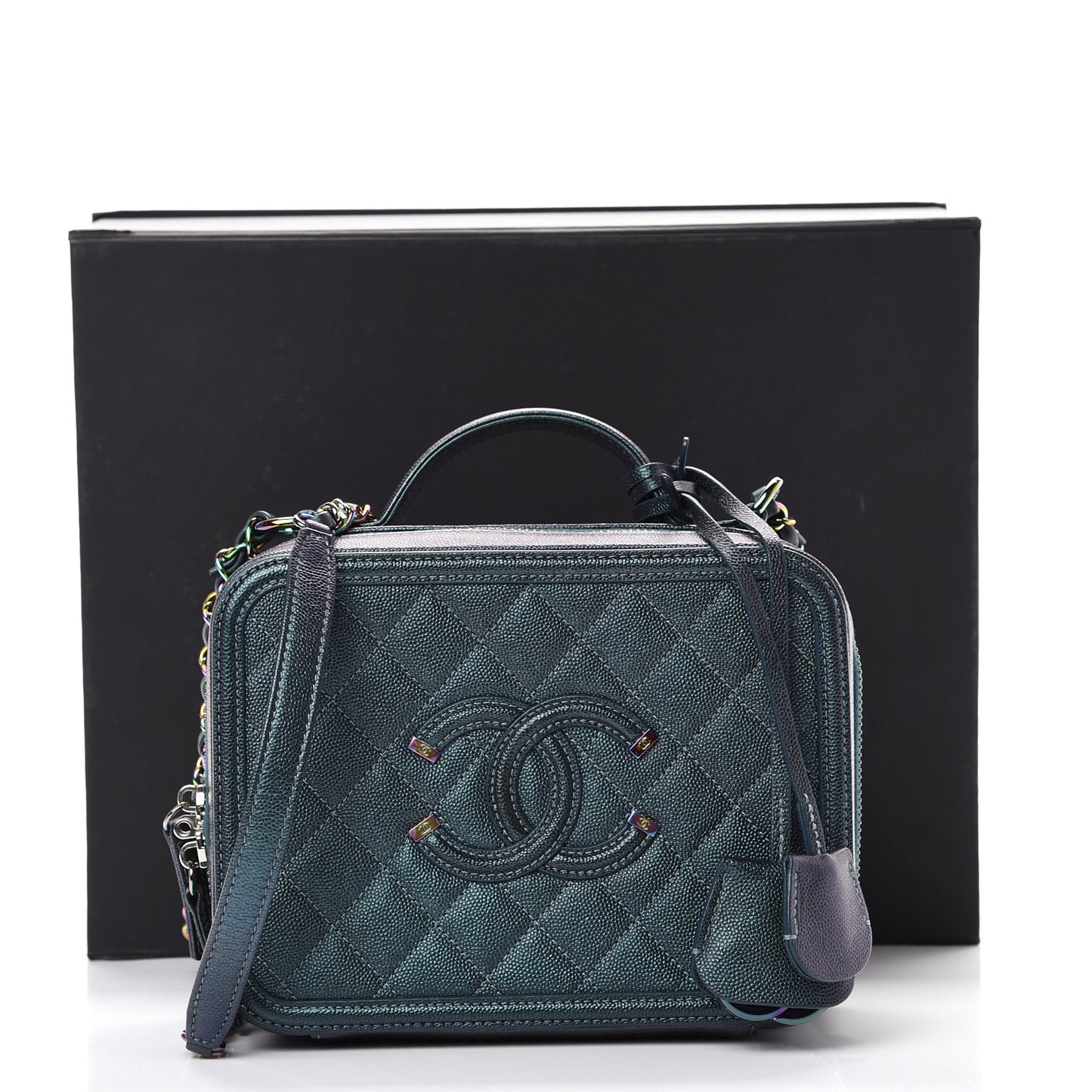 Iridescent Caviar Quilted Medium CC Filigree Vanity Case Dark Turquoise