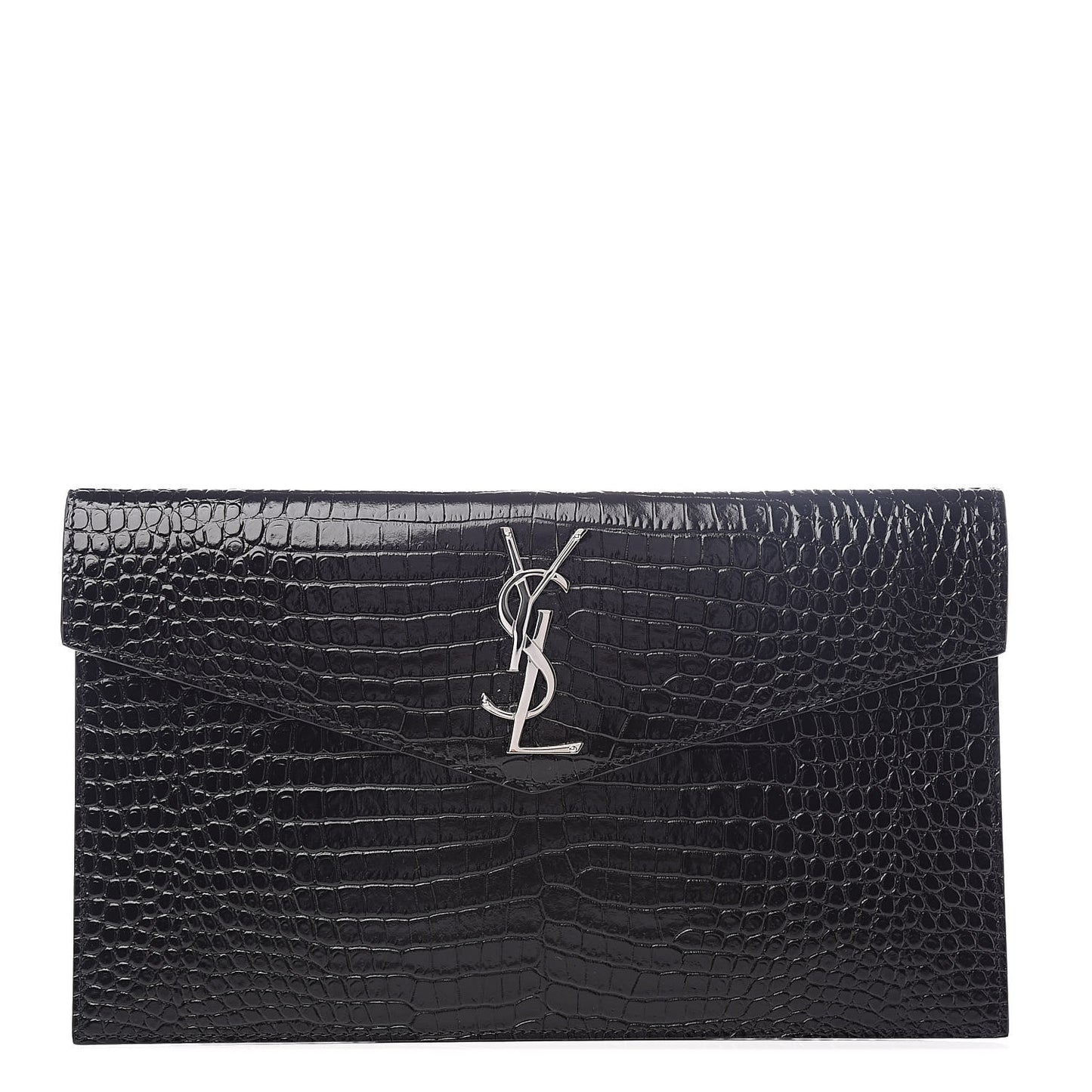 Calfskin Crocodile Embossed Uptown Monogram Clutch Black