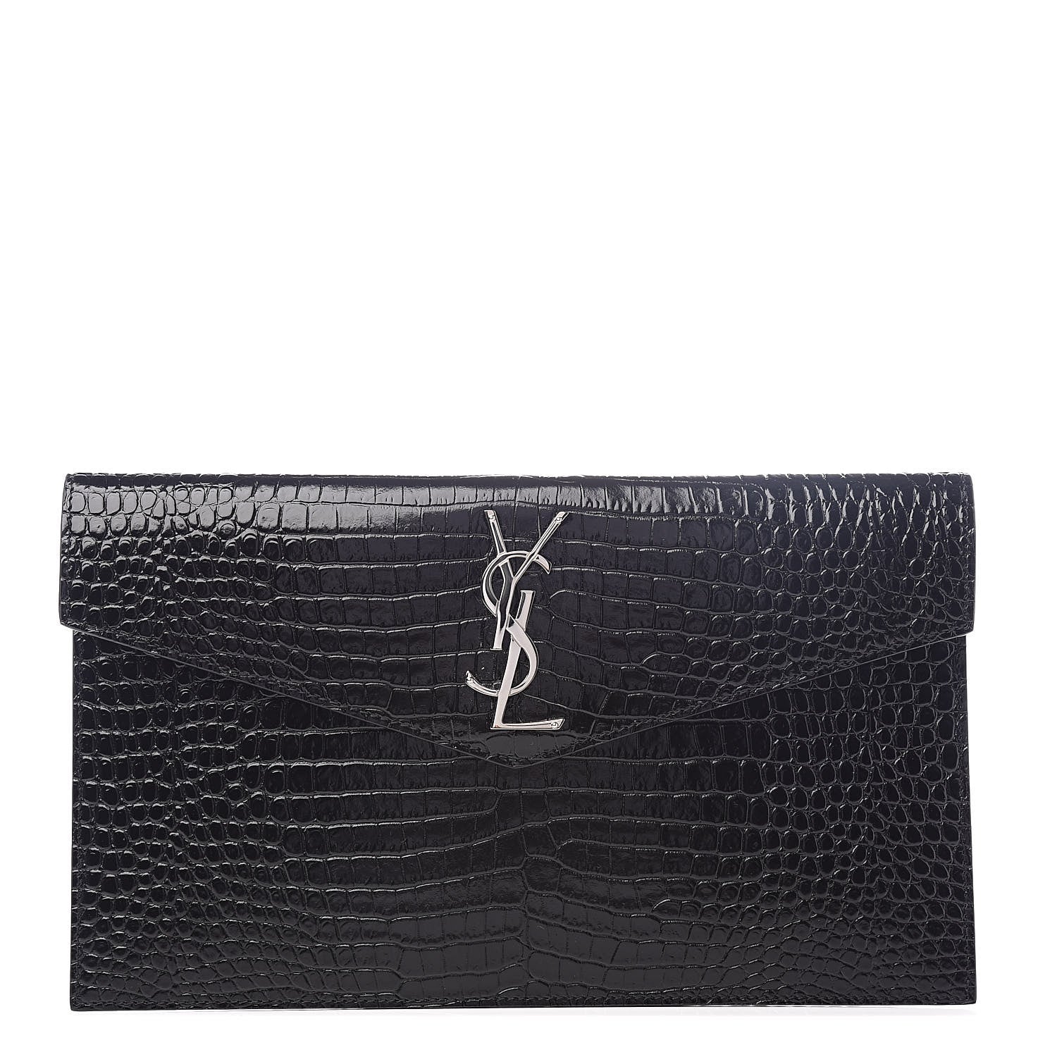 Saint Laurent Calfskin Crocodile Embossed Uptown Monogram Clutch Black 1 of 9