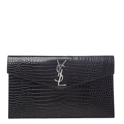 Saint Laurent Calfskin Crocodile Embossed Uptown Monogram Clutch Black 1 of 9