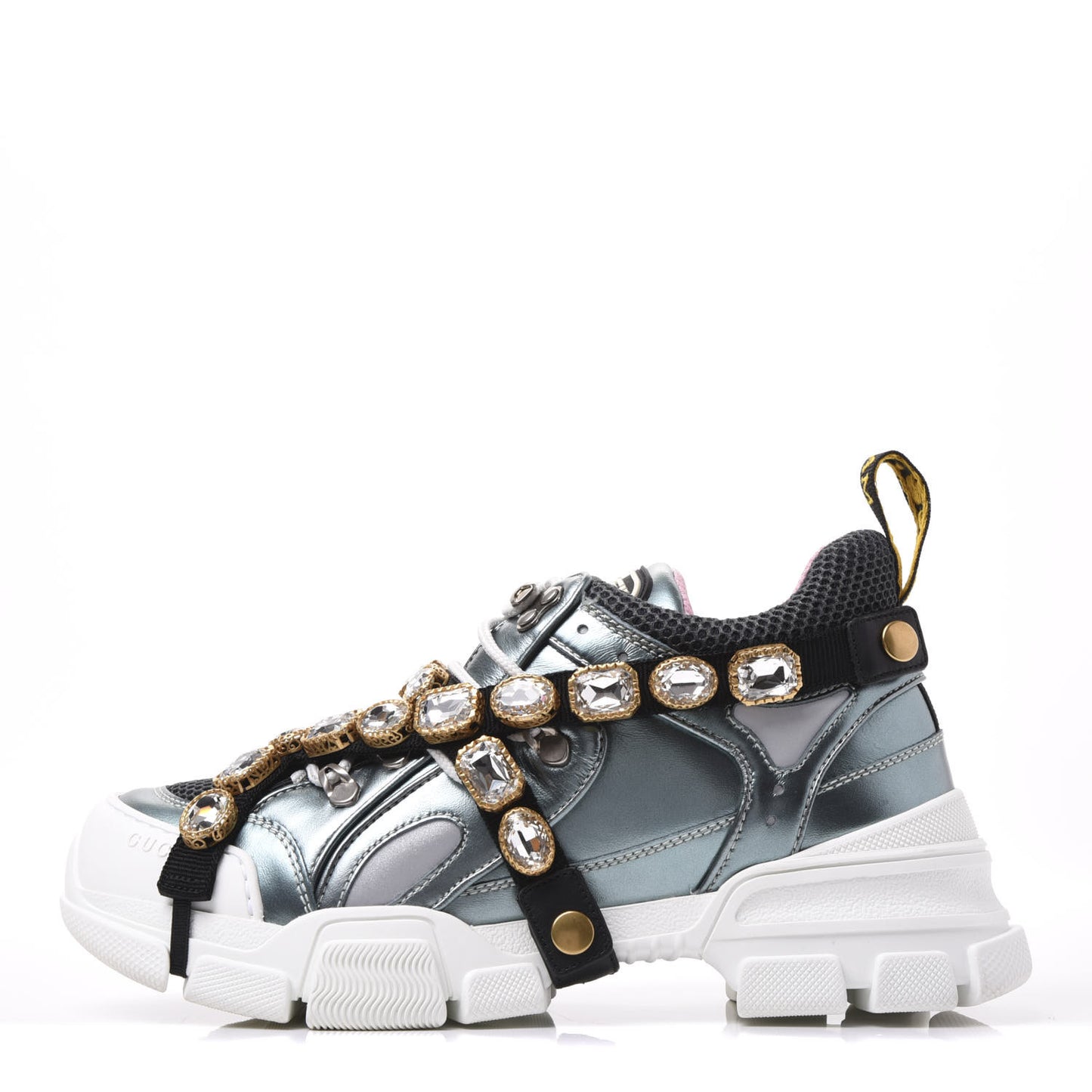 X SEGA Metallic Calfskin Removable Crystals Womens Flashtrek Sneakers 39 Lago Loess Silver