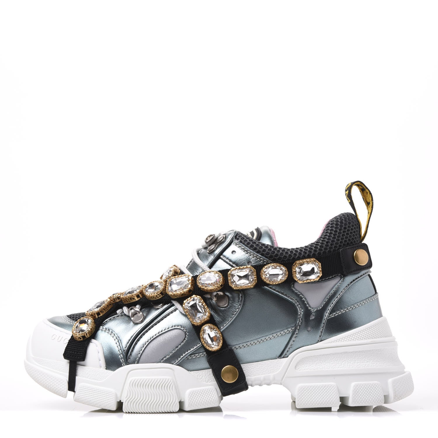 Gucci X SEGA Metallic Calfskin Removable Crystals Womens Flashtrek Sneakers 39 Lago Loess Silver 1 of 8