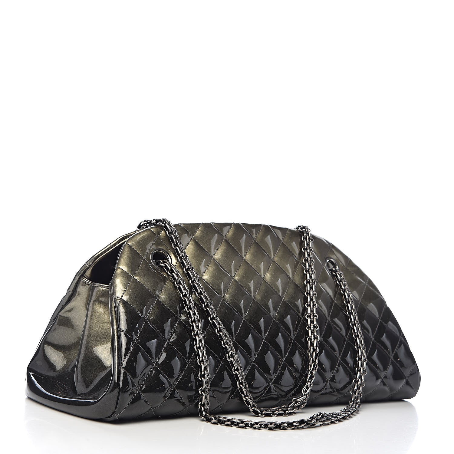Chanel Metallic Patent Quilted Medium Just Mademoiselle Bowling Bag Silver Degrade 3 of 10