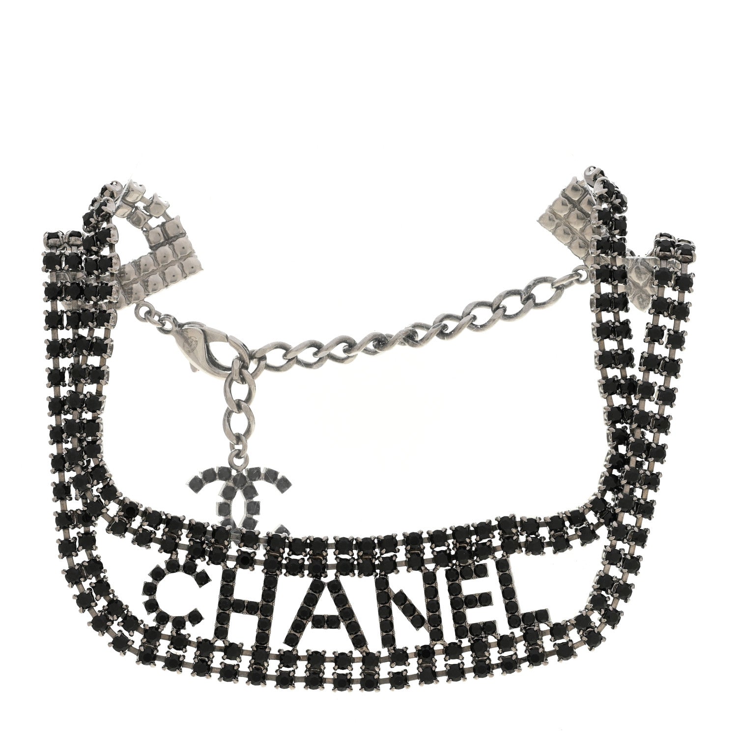 Chanel Crystal CC Logo Choker Necklace Silver Black 3 of 5