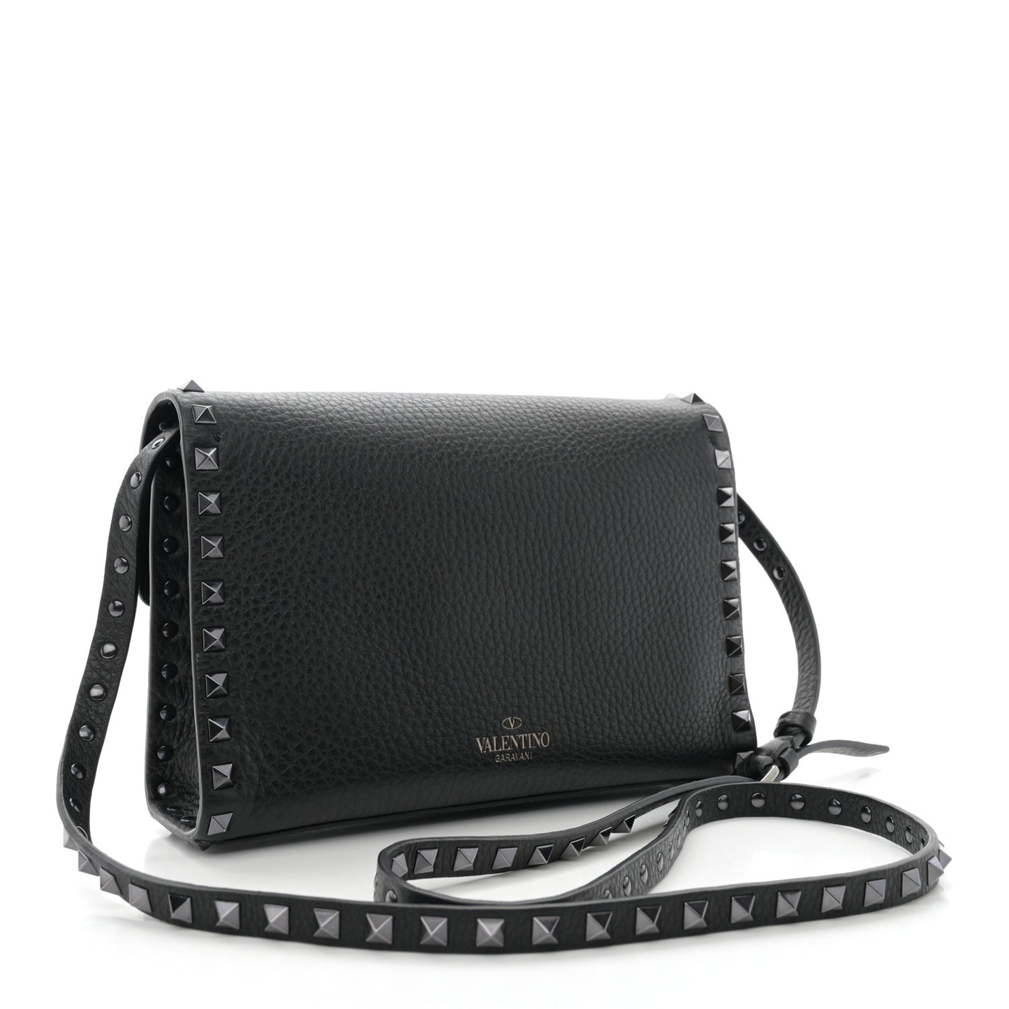 Pebbled Calfskin Monochrome Medium Rockstud Flip Lock Crossbody Bag Black