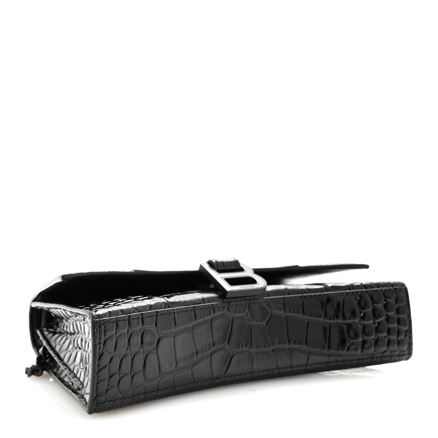 Balenciaga Shiny Calfskin Monochrome Crocodile Embossed Small Hourglass Evening Chain Bag Black 4 of 9