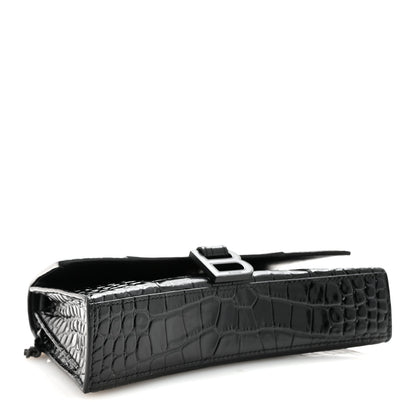 Balenciaga Shiny Calfskin Monochrome Crocodile Embossed Small Hourglass Evening Chain Bag Black 4 of 9
