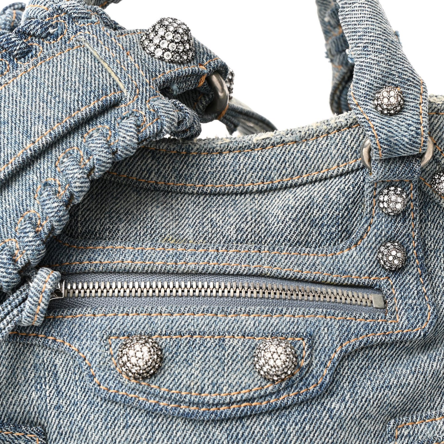 Washed Frayed Denim Crystal Neo Cagole Handbag XS Blue
