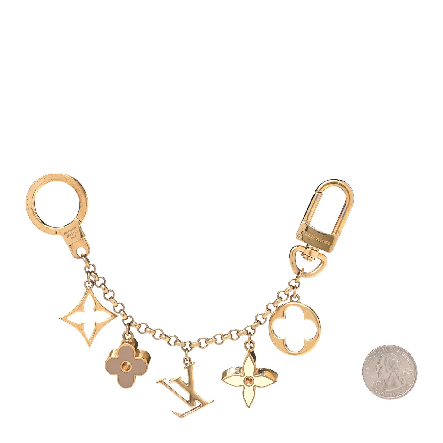 Brass Enamel Fleur De Monogram Bag Charm Chain Gold