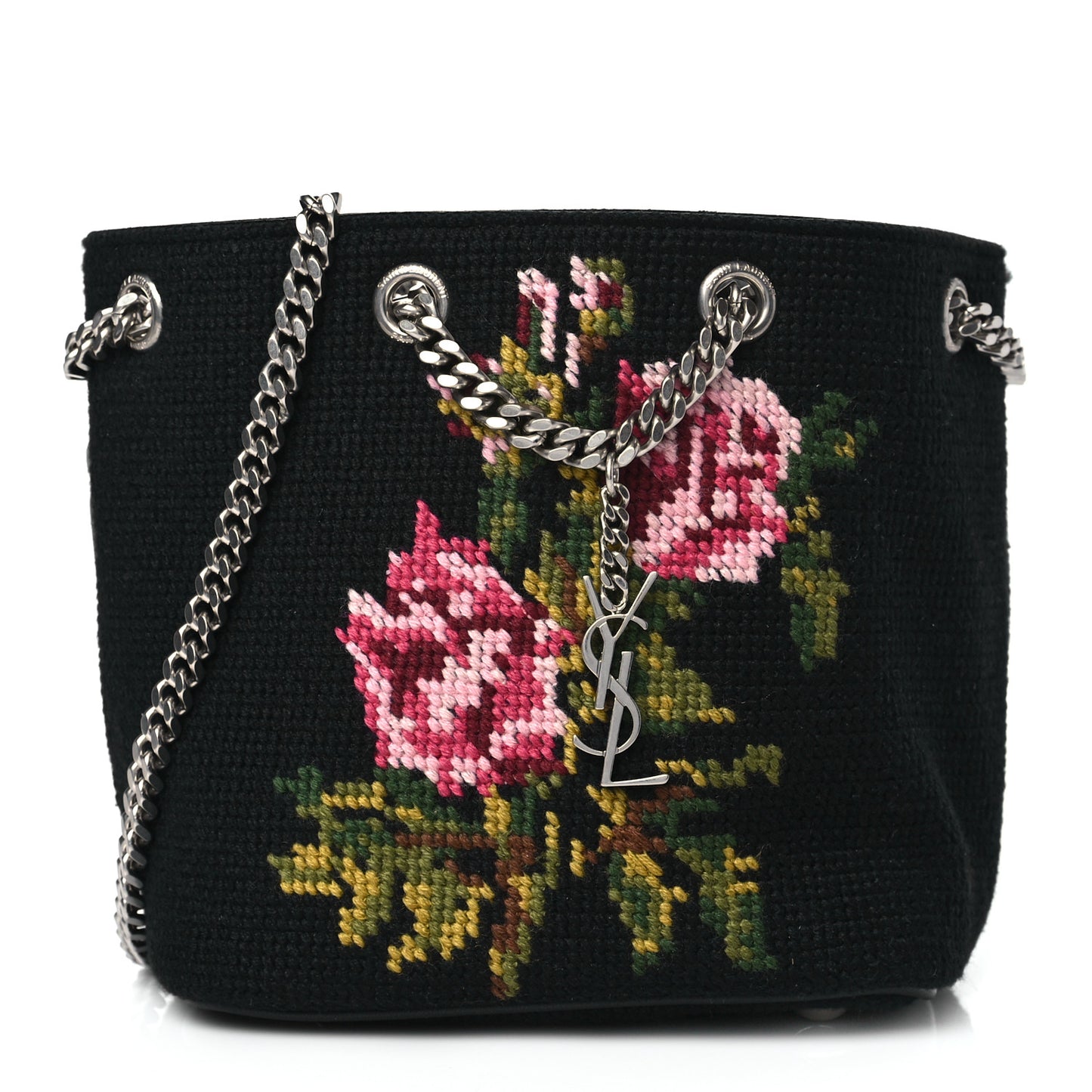Woven Wool Embroidered Baby Emmanuelle Bucket Bag Black