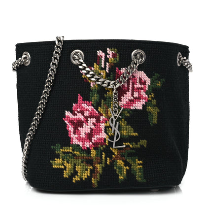 Saint Laurent Woven Wool Embroidered Baby Emmanuelle Bucket Bag Black 1 of 9