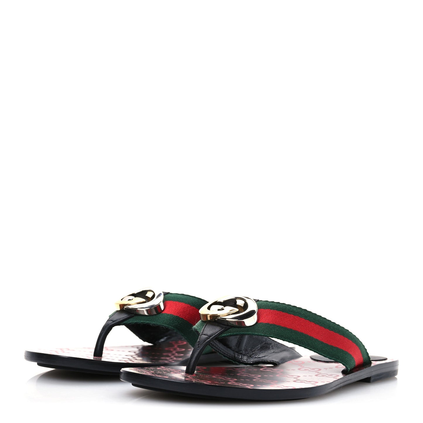 Nylon Calfskin Web GG Monogram Womens Thong Sandals 38.5 Green Red Cocoa