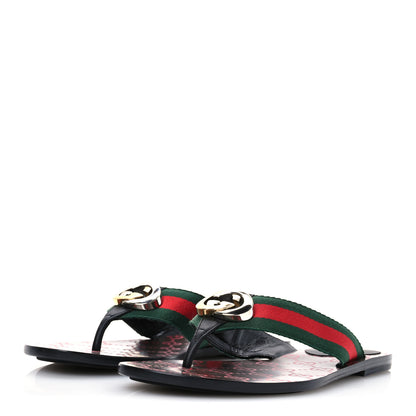 Gucci Nylon Calfskin Web GG Monogram Womens Thong Sandals 38.5 Green Red Cocoa 4 of 8