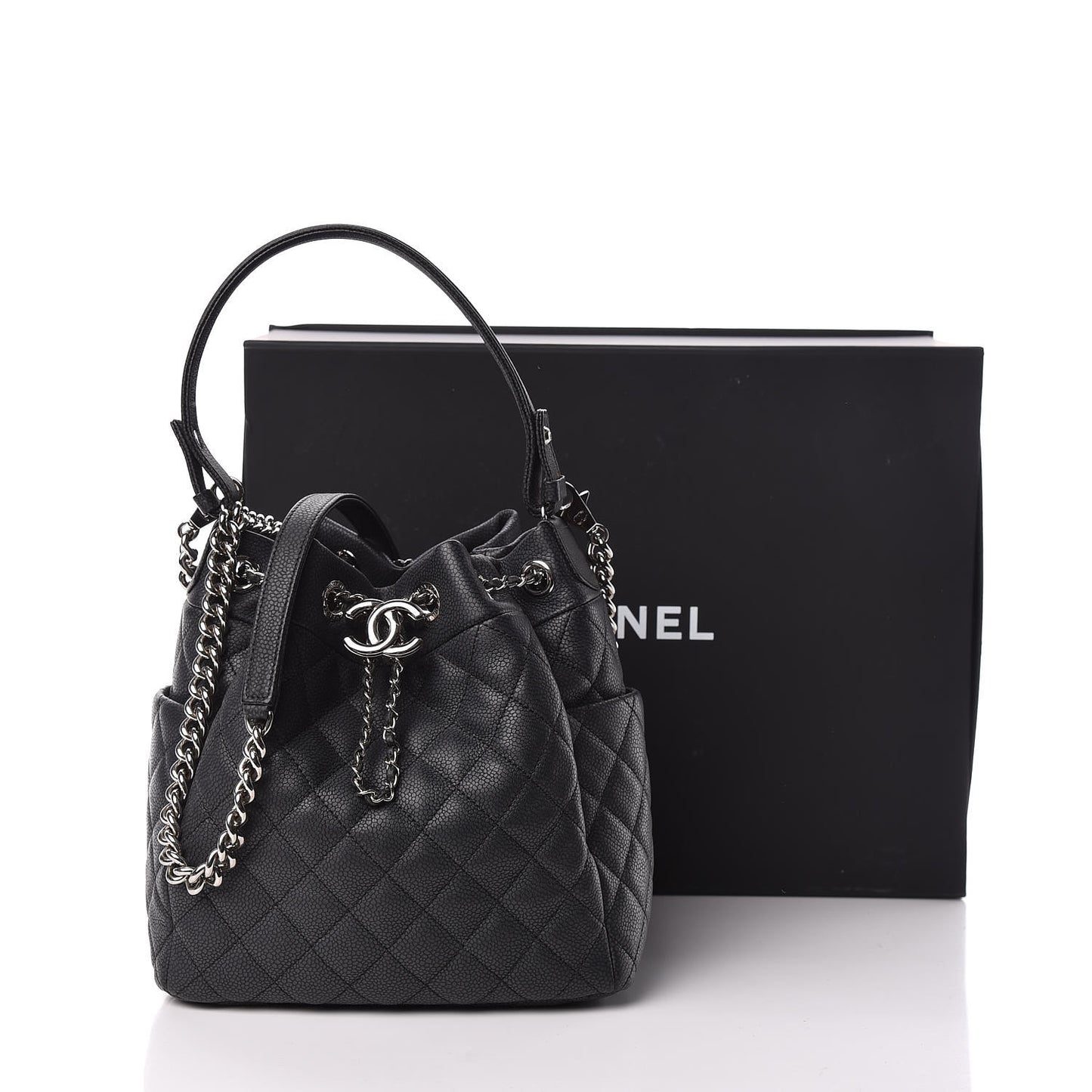 Caviar Flat Quilted CC Chain Bucket Drawstring Bag Black
