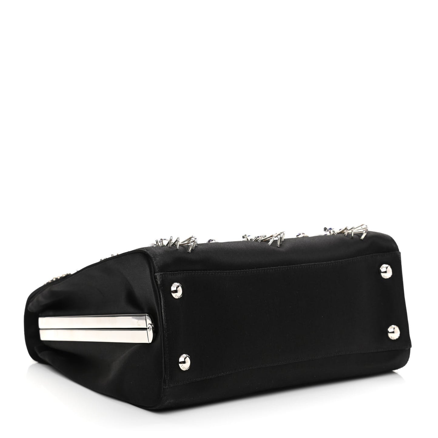 Satin Raso Crystal Embellished Ricamo Shoulder Bag Black