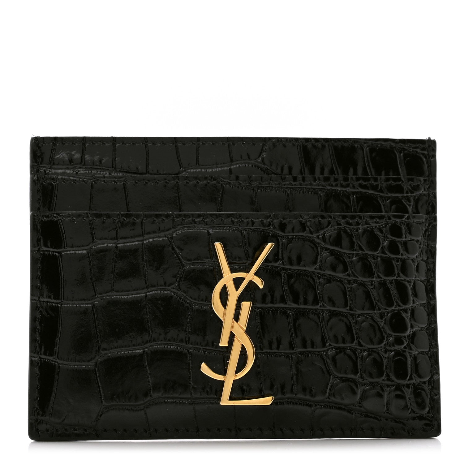 Saint Laurent Calfskin Crocodile Embossed Monogram Credit Card Case Black 1 of 7