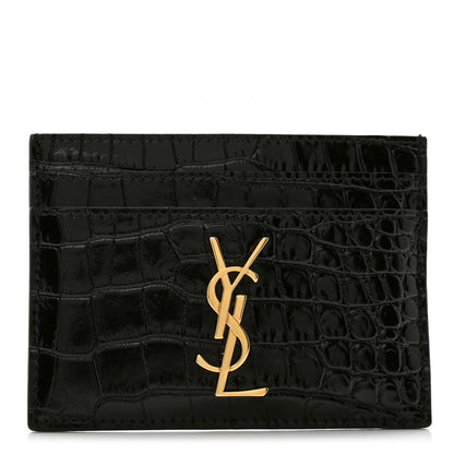 Saint Laurent Calfskin Crocodile Embossed Monogram Credit Card Case Black 1 of 7
