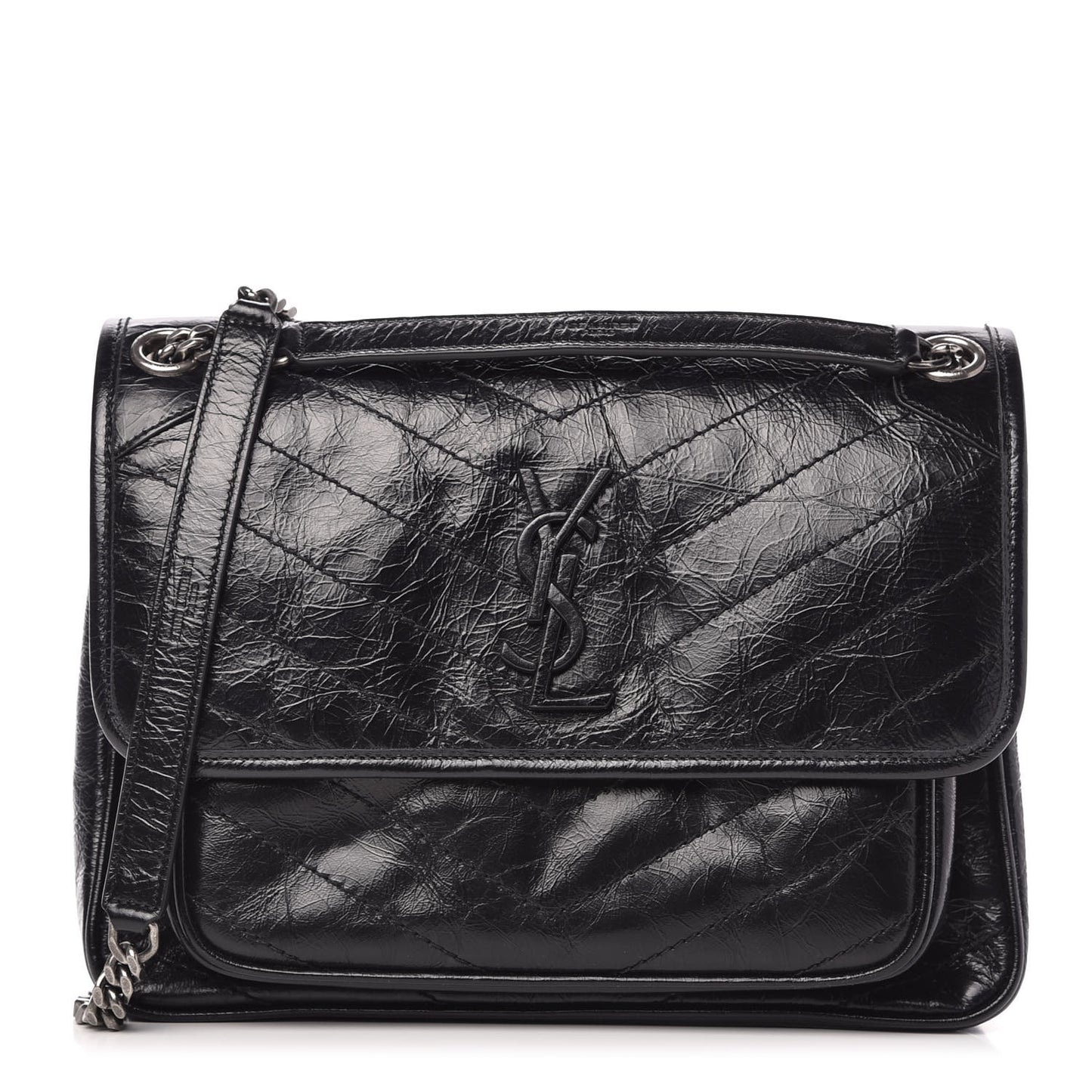 Crinkled Calfskin Matelasse Monogram Medium Niki Chain Satchel Black