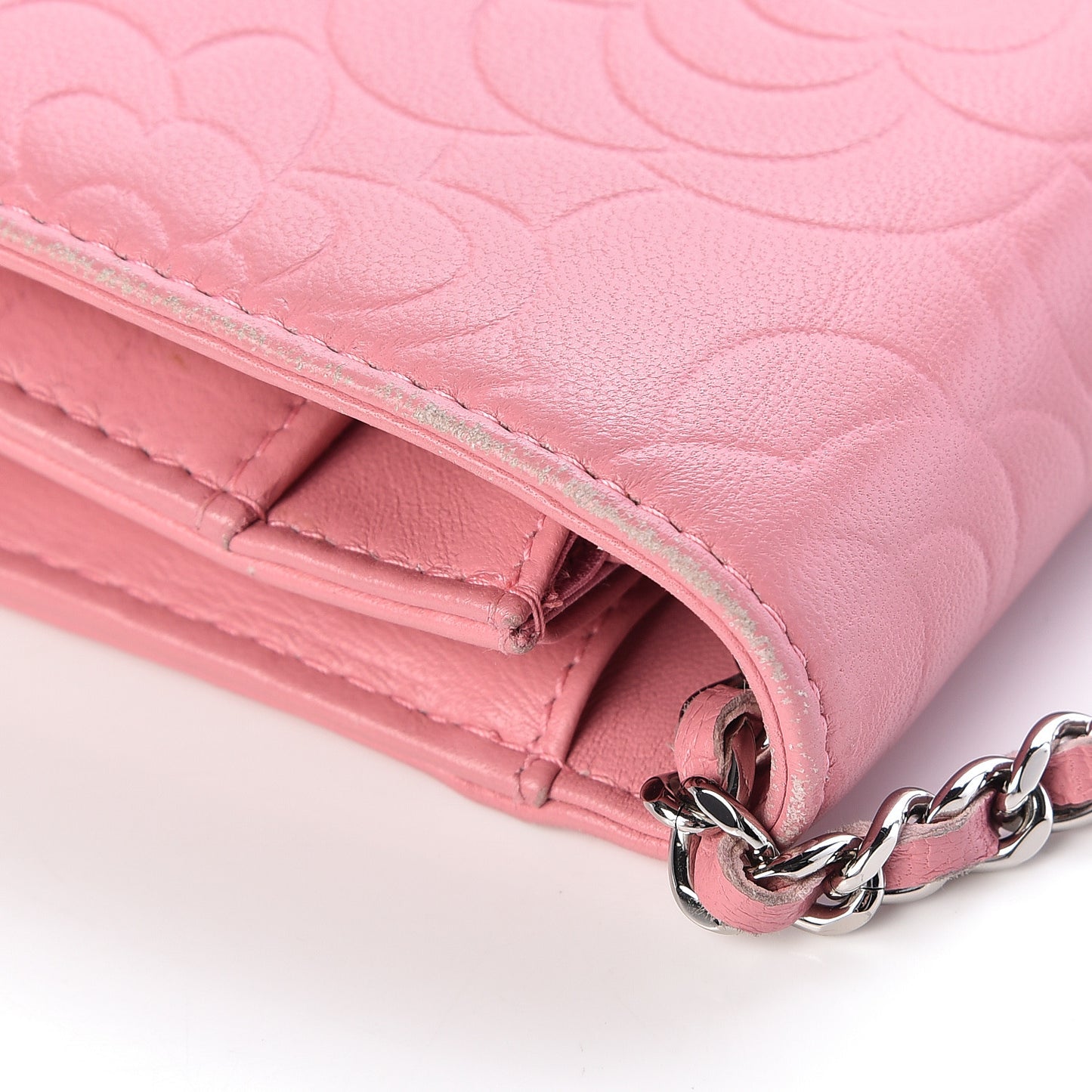 Lambskin Camellia Embossed Wallet On Chain WOC Pink