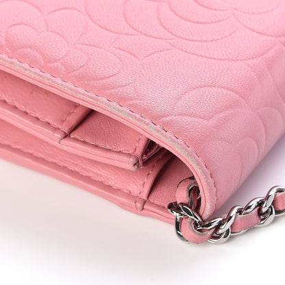 Chanel Lambskin Camellia Embossed Wallet On Chain WOC Pink 13 of 16