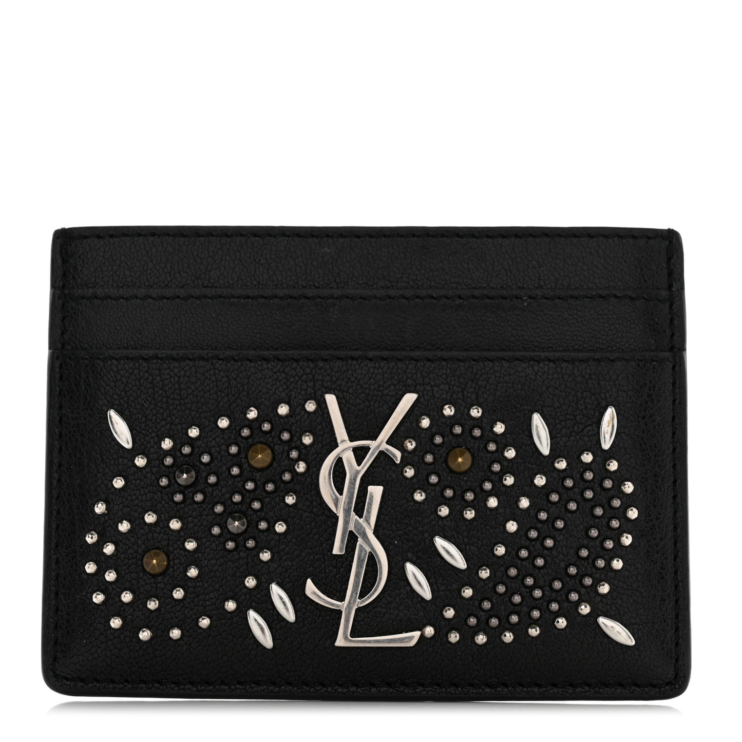 Calfskin Paisley Studded Monogram Credit Card Case Black