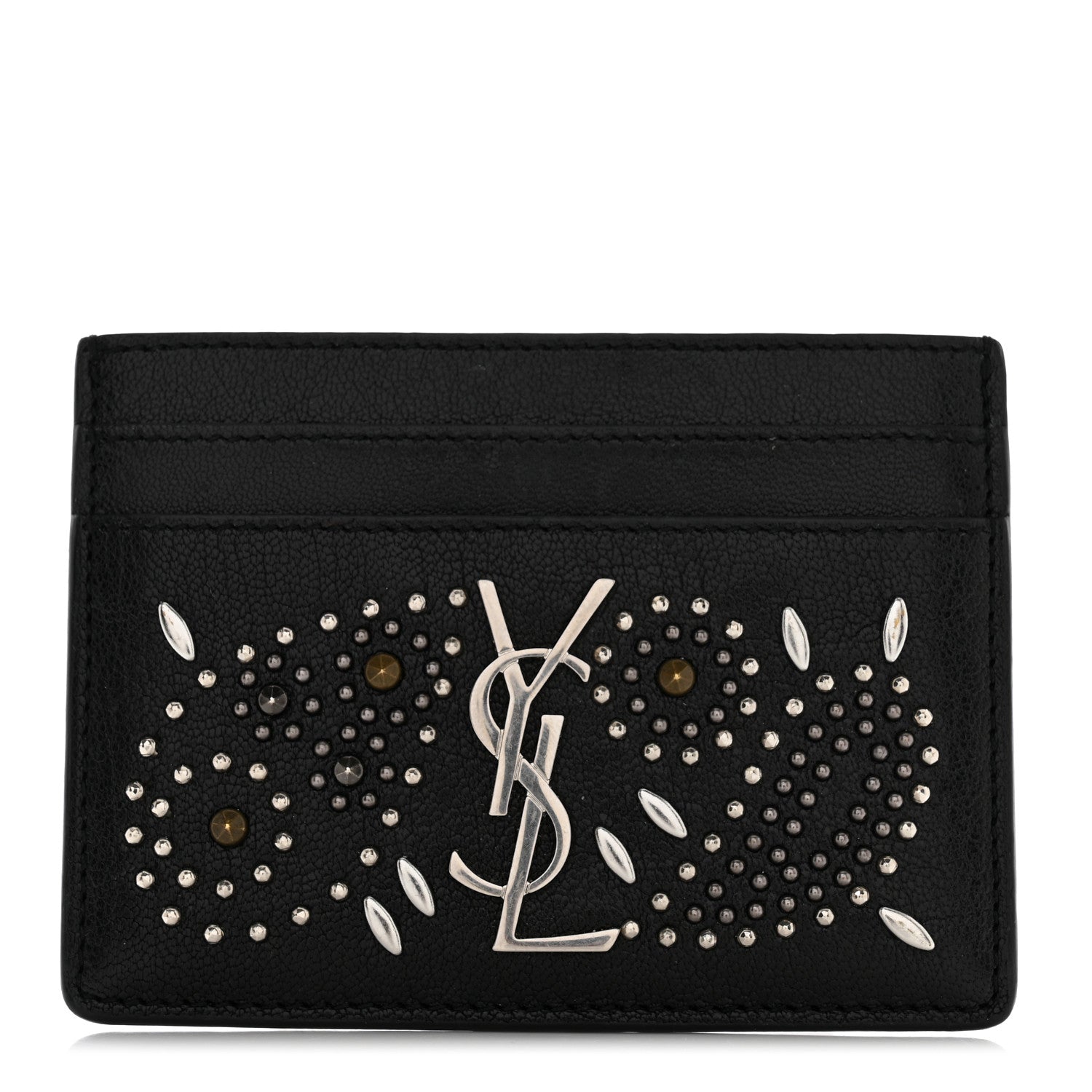 Saint Laurent Calfskin Paisley Studded Monogram Credit Card Case Black 1 of 8