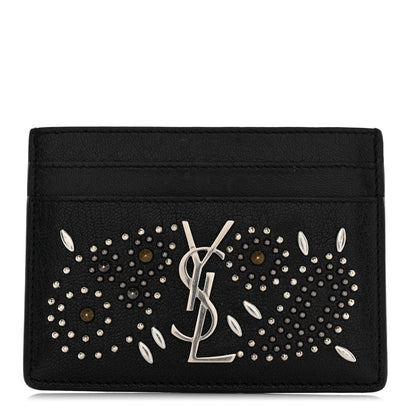 Saint Laurent Calfskin Paisley Studded Monogram Credit Card Case Black 1 of 8