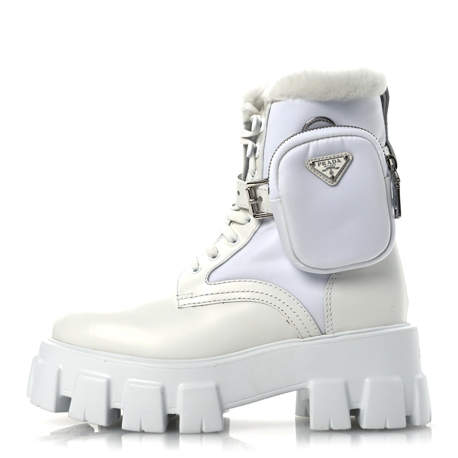 Prada Spazzolato Rois Nylon Shearling Metal Triangle Logo Monolith Pouch Pocket 55mm Boots 35.5 White 1 of 12