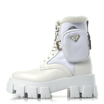 Prada Spazzolato Rois Nylon Shearling Metal Triangle Logo Monolith Pouch Pocket 55mm Boots 35.5 White 1 of 12