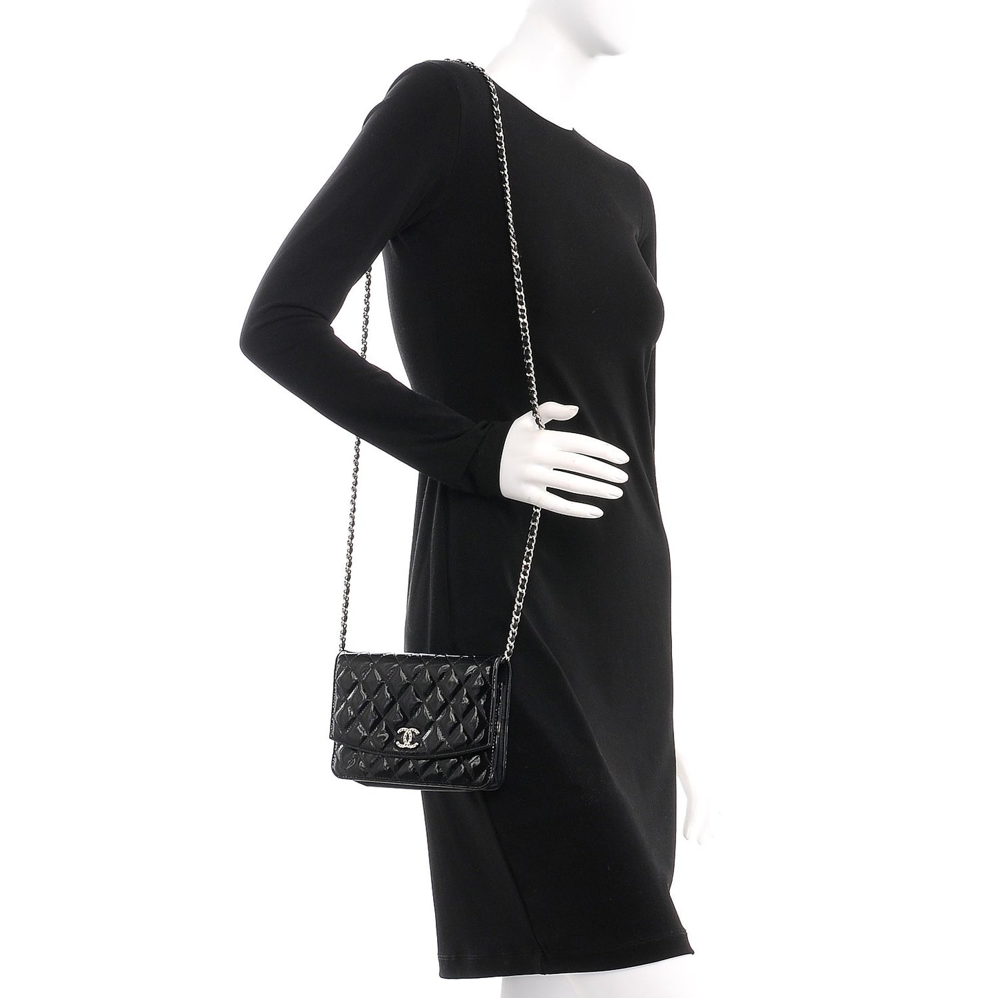 Patent Quilted Brilliant Wallet On Chain WOC Black