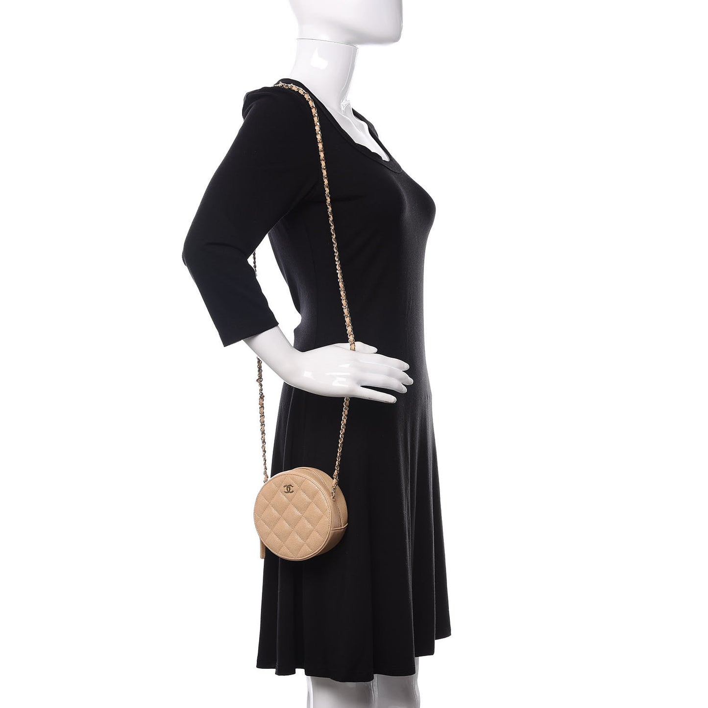 Iridescent Caviar Quilted Round Clutch With Chain Beige