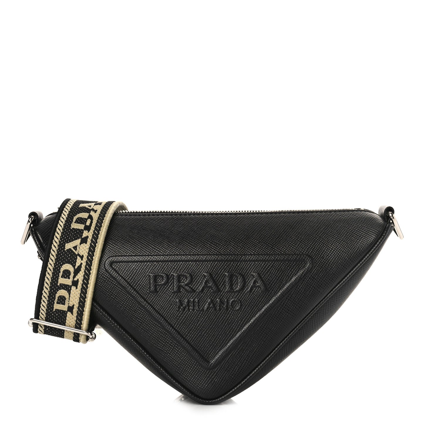 Saffiano Cuir Triangle Logo Embossed Triangle Shoulder Bag Black