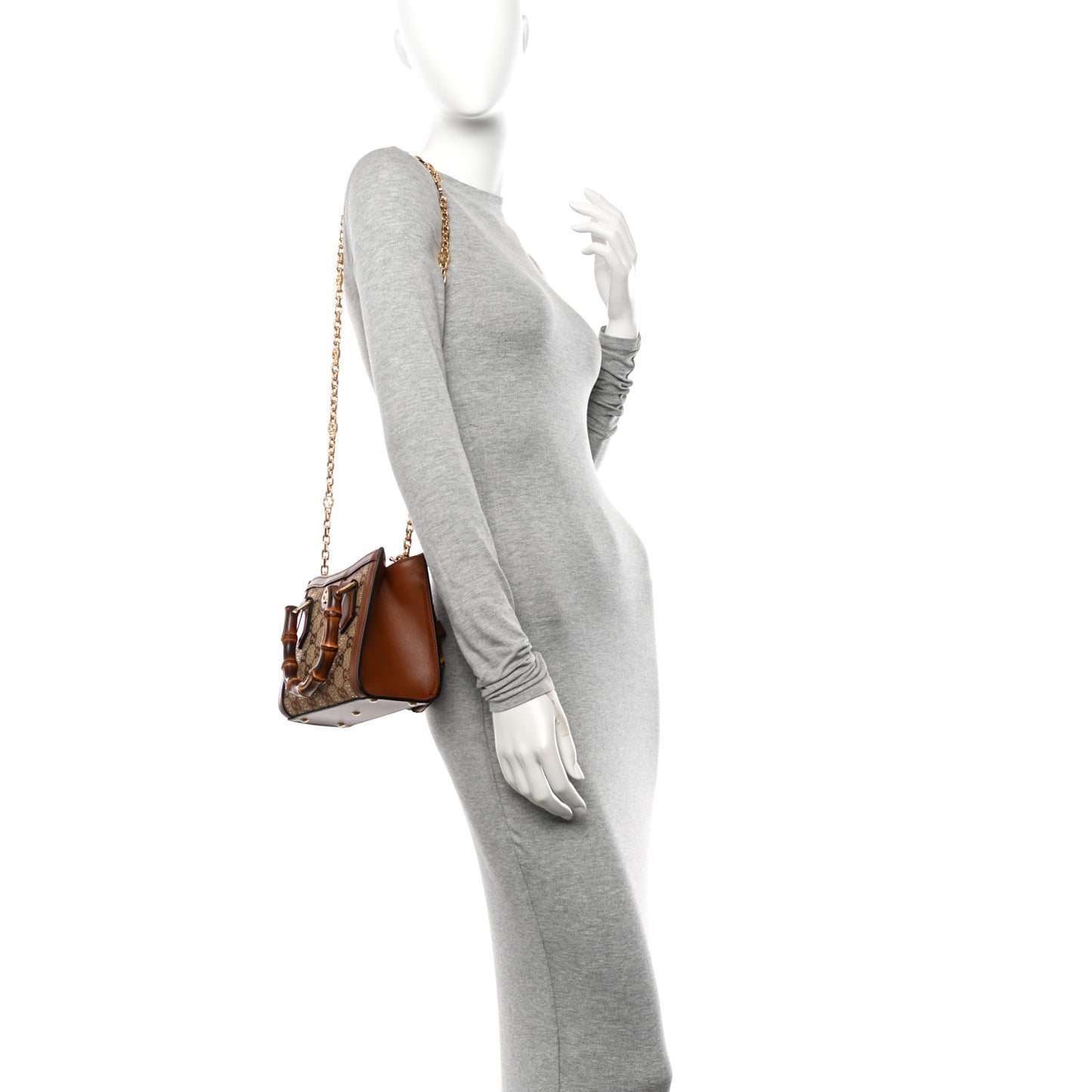 New Canvas Charisma Calfskin Crystal GG Monogram Mini Diana Tote Bag Camel Ebony