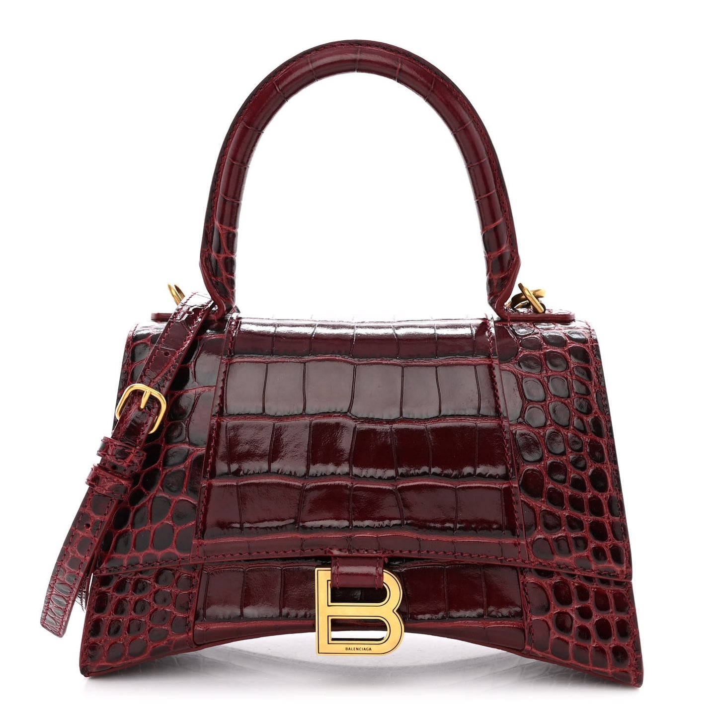 Shiny Calfskin Crocodile Embossed Small Hourglass Top Handle Bag Dark Red
