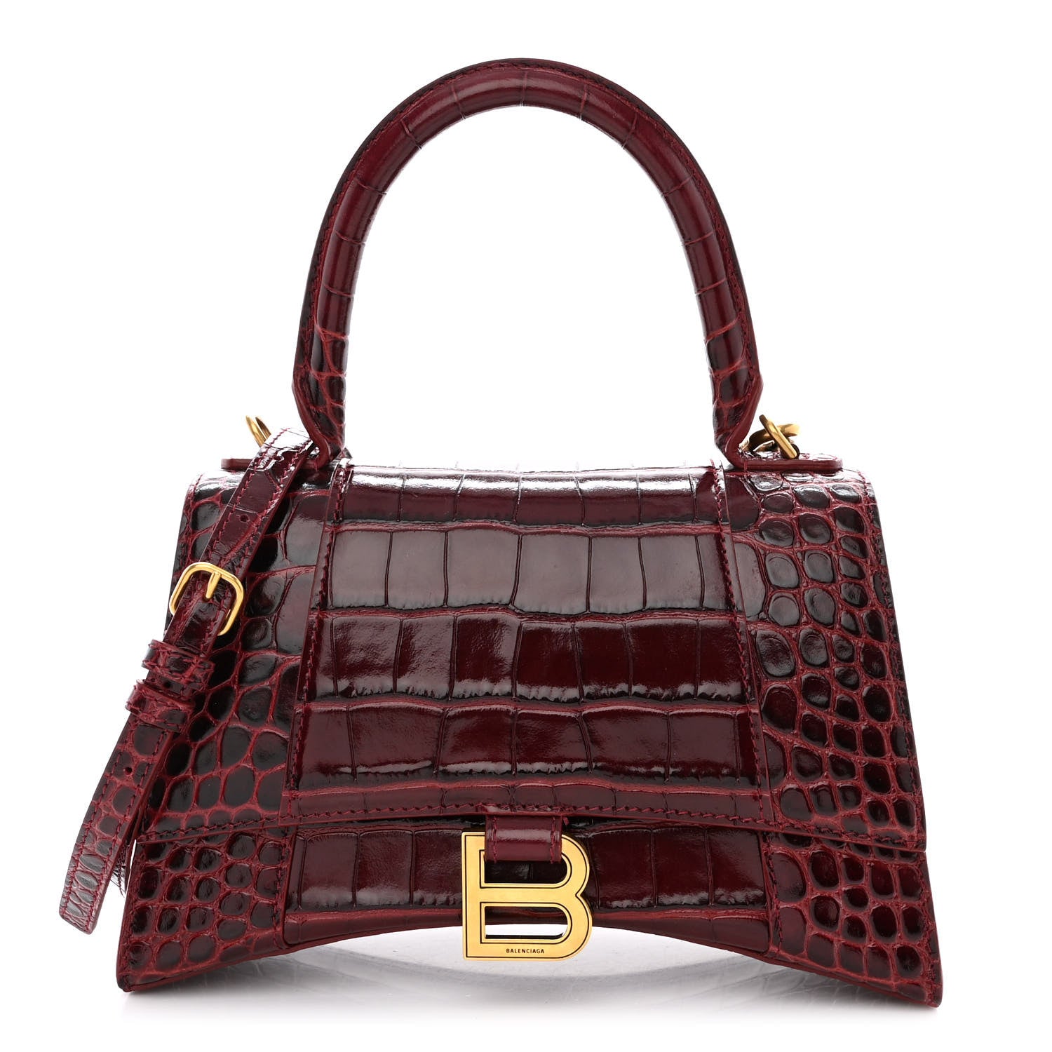Balenciaga Shiny Calfskin Crocodile Embossed Small Hourglass Top Handle Bag Dark Red 1 of 12
