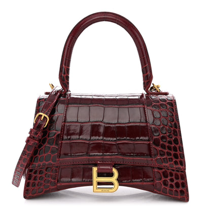 Balenciaga Shiny Calfskin Crocodile Embossed Small Hourglass Top Handle Bag Dark Red 1 of 12