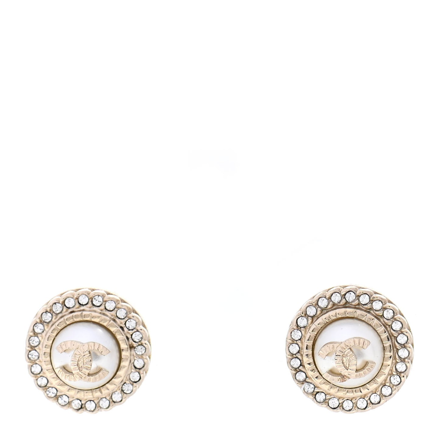 Pearl Crystal CC Round Earrings Gold