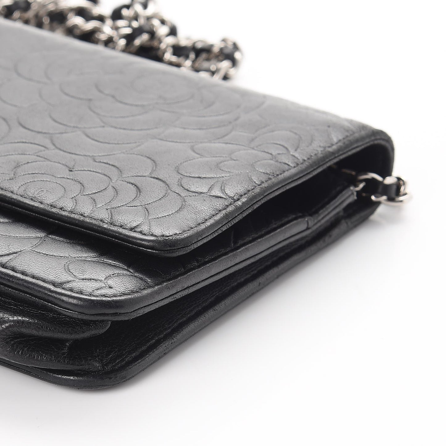 Lambskin Camellia Embossed Wallet On Chain WOC Black