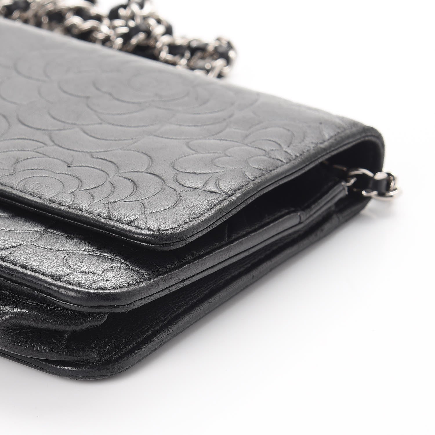 Chanel Lambskin Camellia Embossed Wallet On Chain WOC Black 13 of 14