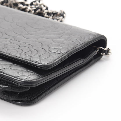 Chanel Lambskin Camellia Embossed Wallet On Chain WOC Black 13 of 14