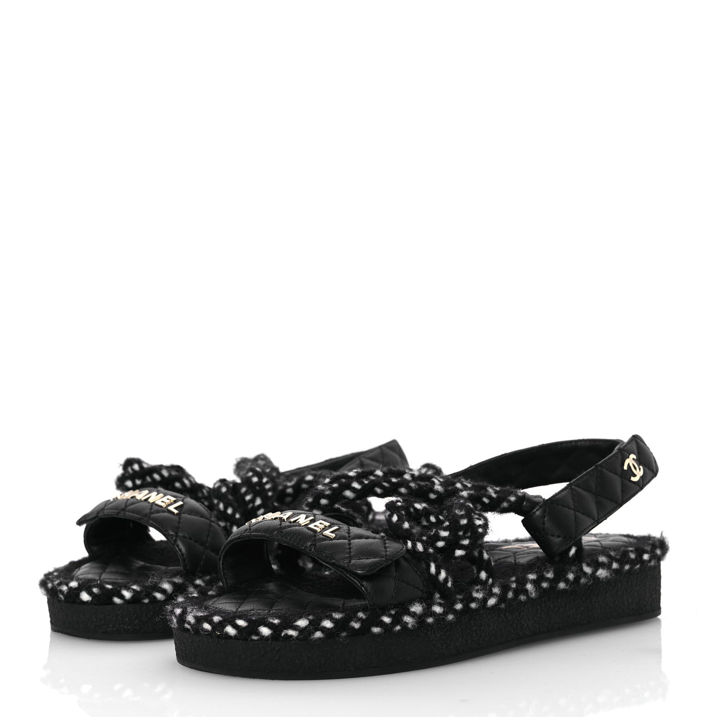 Cord Lambskin Quilted Logo Sandals 37 Black White