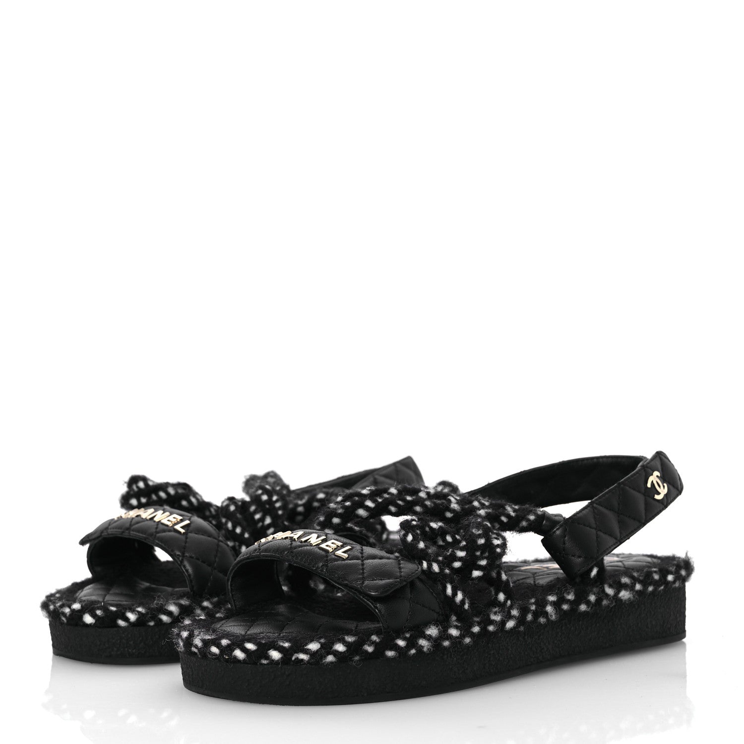 Chanel Cord Lambskin Quilted Logo Sandals 37 Black White 4 of 14