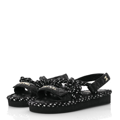 Chanel Cord Lambskin Quilted Logo Sandals 37 Black White 4 of 14