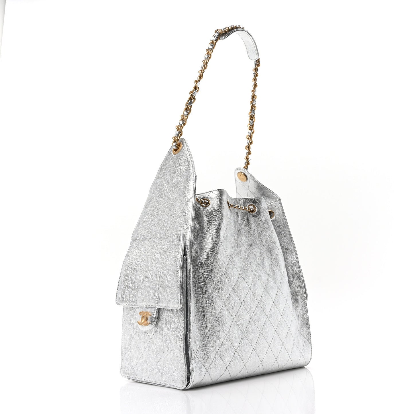 Metallic Caviar Quilted Medium Chanel 25 Handbag Silver