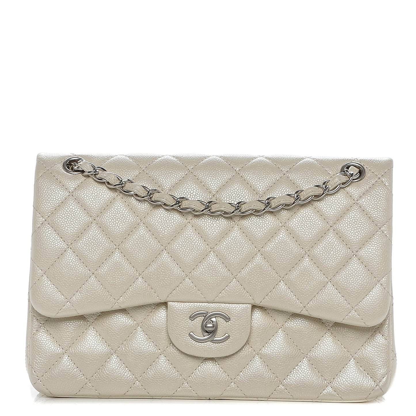 Pearly Caviar Quilted Jumbo Double Flap Dark White