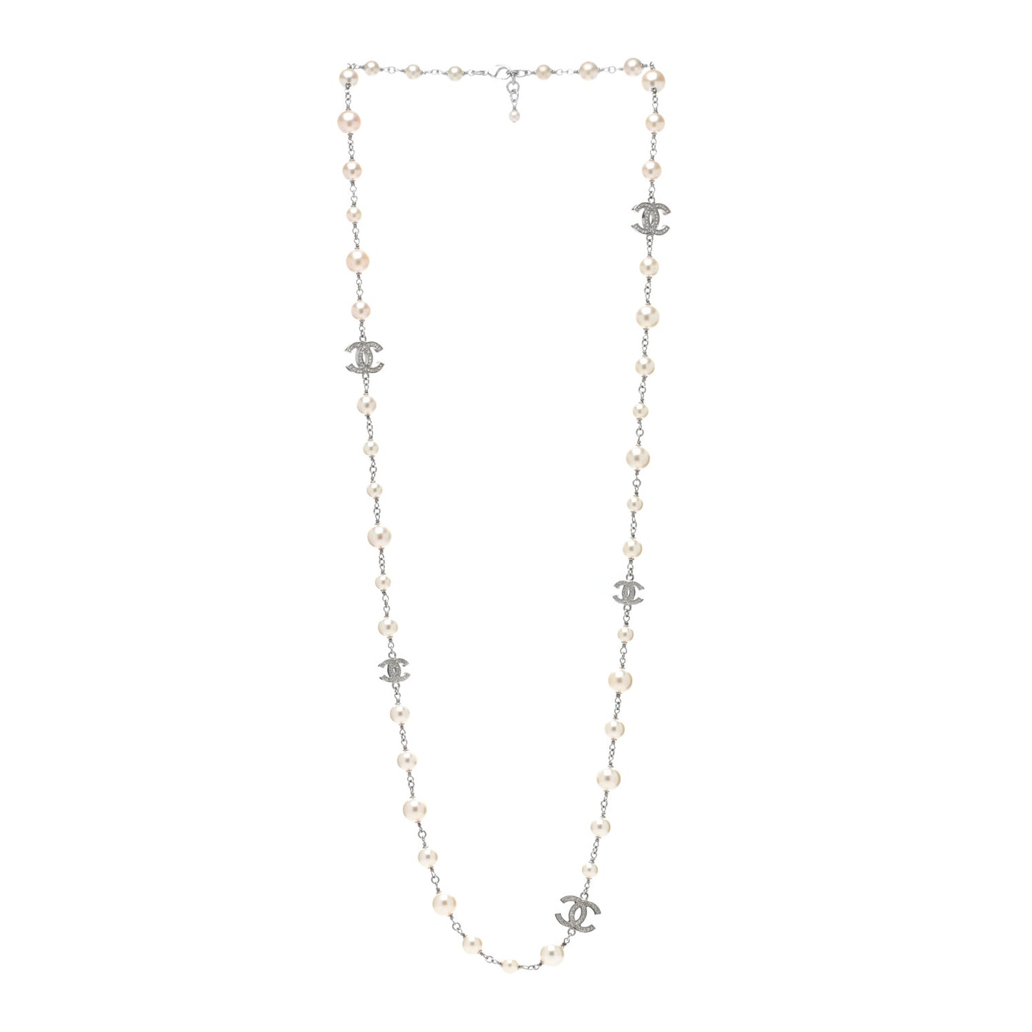 Crystal Pearl CC Long Necklace Silver