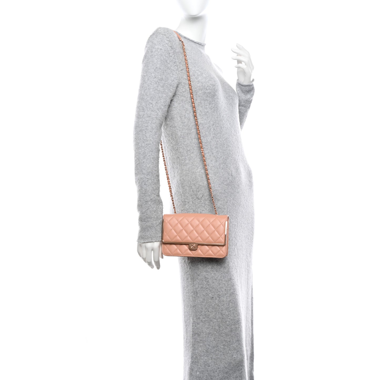 Lambskin Metal Quilted Wallet On Chain WOC Beige