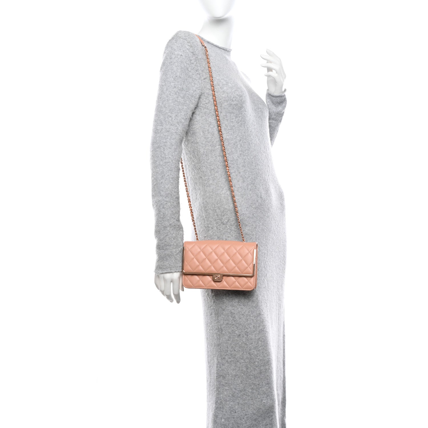 Chanel Lambskin Metal Quilted Wallet On Chain WOC Beige 2 of 12