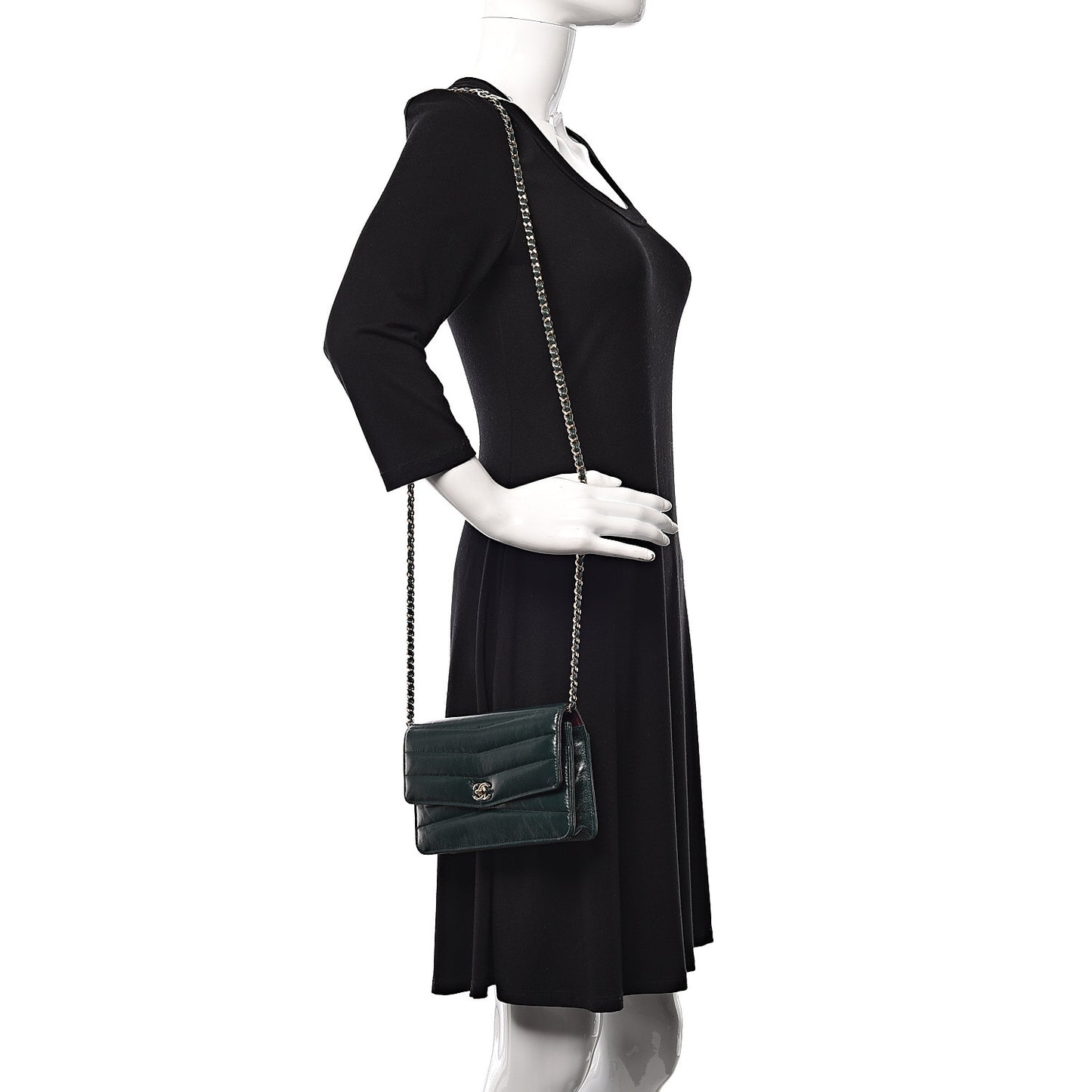 Lambskin Chevron Quilted Wallet On Chain WOC Dark Green